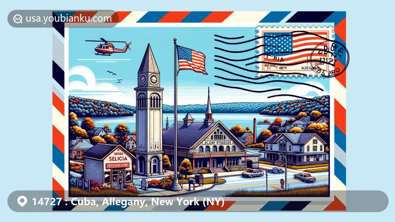 Modern illustration of Cuba, Allegany County, New York, featuring scenic Cuba Lake, Seneca Oil Spring monument, historic McKinney Stables, Cuba Garlic Festival, South Street Historic District, and Main Street's majestic American flag, in a vibrant airmail envelope design.