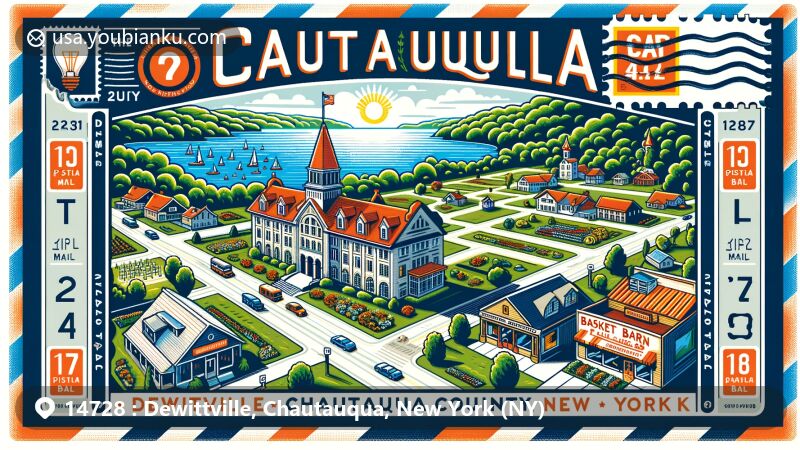 Modern illustration of Chautauqua Institution in Dewittville, Chautauqua County, New York, showcasing education, community spirit, and natural beauty around Chautauqua Lake, with postcard design elements and unique local shopping scene, all centered around ZIP code 14728.