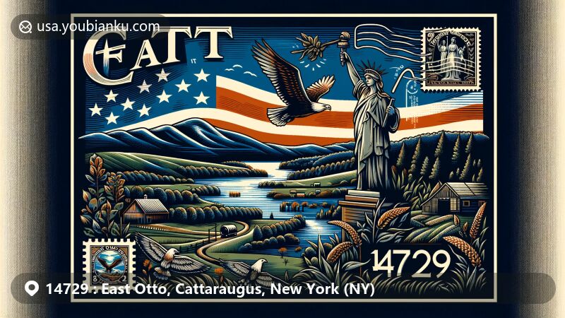 Modern illustration of East Otto, Cattaraugus County, New York, capturing rural natural scenery with hills and streams, featuring New York State flag elements and postal theme with ZIP code 14729.