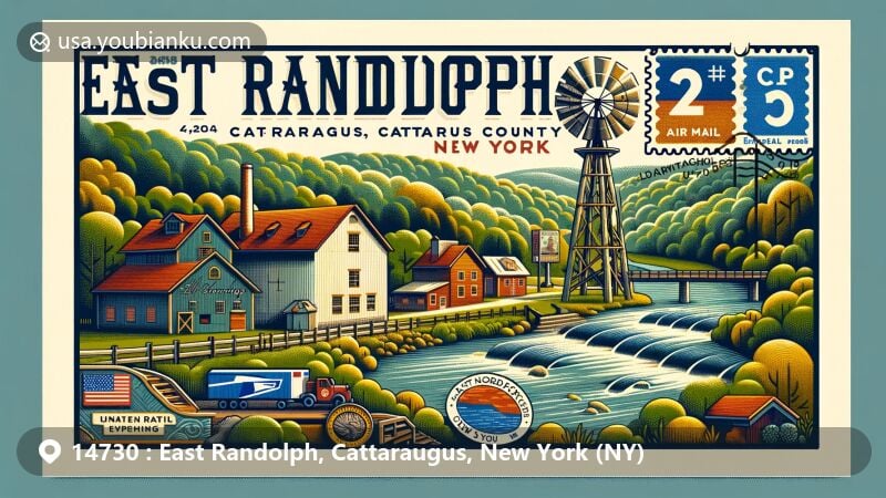 Modern illustration of East Randolph, Cattaraugus County, NY, featuring postal theme with ZIP code 14730, highlighting Elm Creek scenery and symbolic representations of Allegheny River watershed and New York State flag.