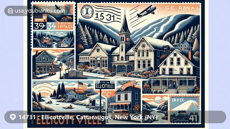 Modern illustration of Ellicottville, Cattaraugus County, New York, blending postal theme with ZIP code 14731, highlighting proximity to Holiday Valley and HoliMont ski resorts, natural beauty of Allegheny Mountains, and village landmarks.