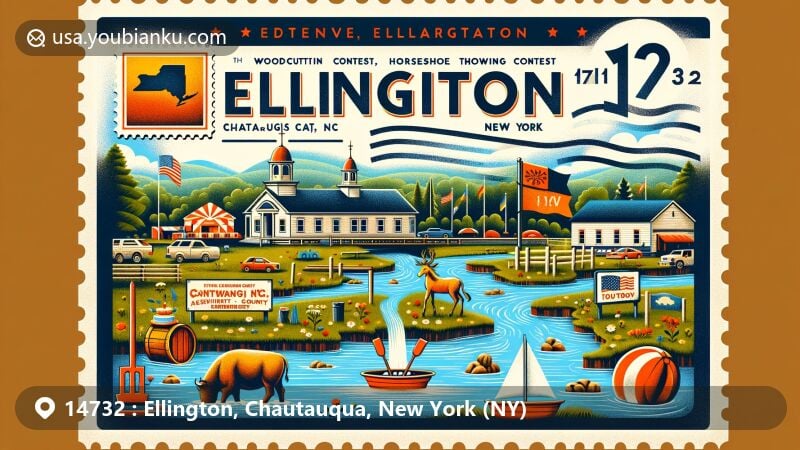 Modern illustration of Ellington, New York, showcasing the town picnic events with woodcutting, cake contests, horseshoe throwing, and fireworks, integrated with postal theme and ZIP code 14732.
