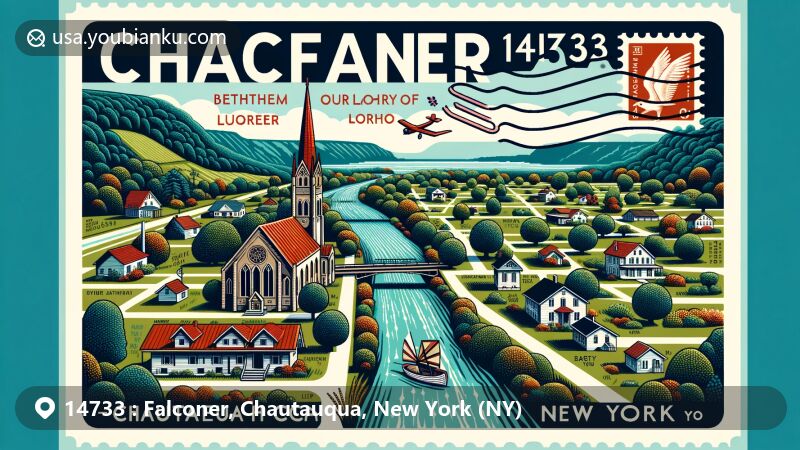 Vibrant illustration of Falconer, Chautauqua County, New York, showcasing local landmarks and postal themes, including Chadakoin River, historical churches, postal elements, and ZIP code 14733.