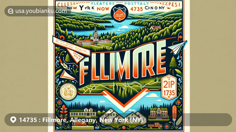 Modern illustration of Fillmore, Allegany County, New York, featuring forests representing the wood products industry, vintage air mail theme with decorative postal elements, and highlighted ZIP code 14735.