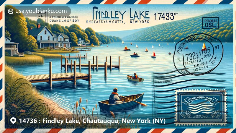 Modern illustration of Findley Lake, Chautauqua County, NY, evoking the postal theme with ZIP code 14736, featuring leisure activities on the lake and natural beauty of the county.