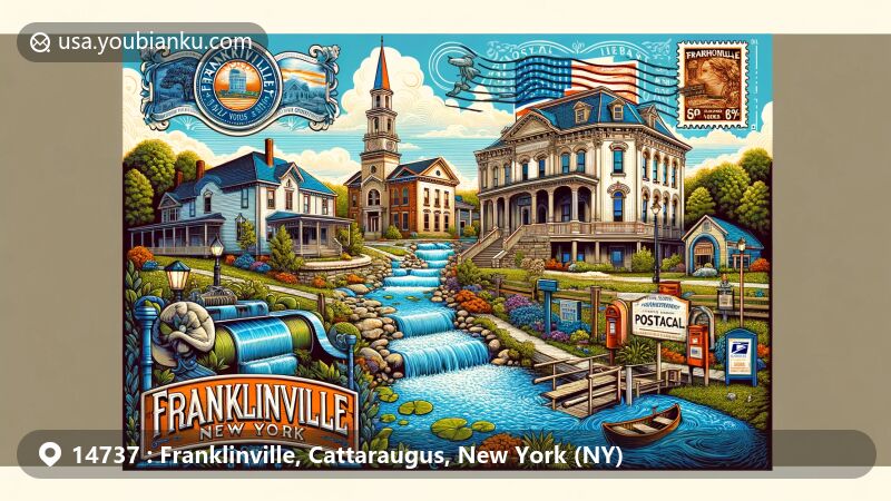 Modern illustration of Park Square Historic District in Franklinville, New York, blending architectural styles like Queen Anne and Italianate, showcasing Ischua Valley's natural beauty and postal themes with vintage postcard elements.