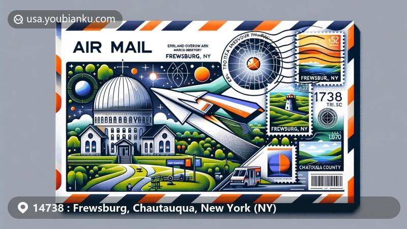 Modern illustration of Erlandson Overview Park and Martz Observatory in Frewsburg, NY, featuring air mail envelope design with stamps, postal mark '14738 Frewsburg, NY,' and stylized postal imagery.