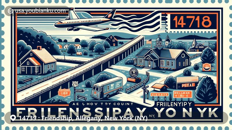 Modern illustration of Friendship, Allegany County, New York, uniting historic and geographic elements including Friendship Free Library and Wellman House, reflecting town's evolution to a community named Friendship, featuring rural and peaceful visual cues, possible backdrop of Southern Tier Expressway and New York State Route 275 intersection, blending postal elements like vintage air mail envelope with ZIP code 14739, postage stamp, and postal symbols, symbolizing town's postal identity with local landmarks and scenic landscapes.