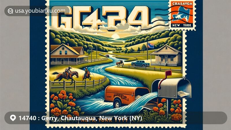 Modern illustration of Gerry, Chautauqua County, New York, capturing the essence of local culture and natural beauty, featuring rodeo event, Cassadaga Creek, rolling hills, and stylized postal elements.