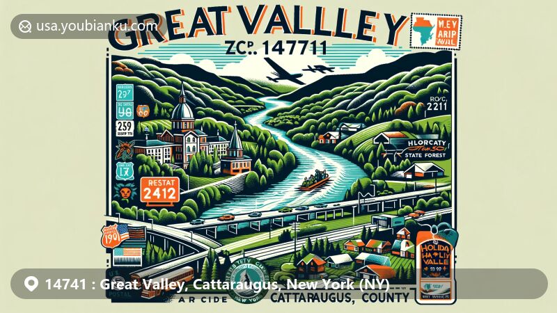 Modern illustration of Great Valley, Cattaraugus County, New York, showcasing postal theme with ZIP code 14741, featuring Allegheny River, Great Valley Creek, U.S. Route 219, New York State Route 98, Holiday Valley Resort, Rock City, and McCarty Hill State Forest.