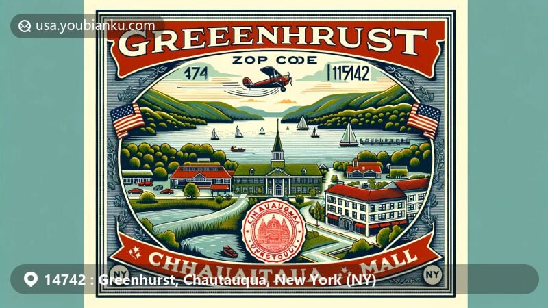 Modern illustration of Greenhurst, Chautauqua County, New York, showcasing postal theme with ZIP code 14742, featuring Chautauqua Lake and local landmarks.