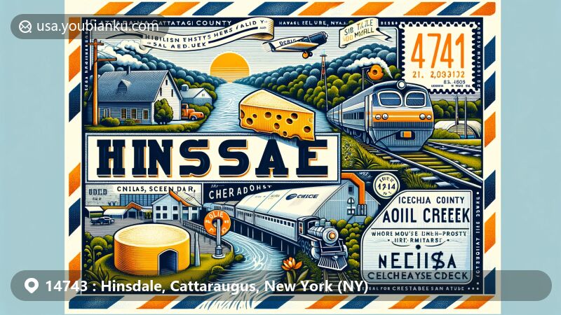 Modern illustration of Hinsdale, Cattaraugus County, New York, blending Ischua Creek and Oil Creek into Olean Creek, showcasing town's history in lumbering and cheese making, featuring Erie Railroad and Genesee Valley Canal symbols, retro air mail envelope with ZIP code 14743.