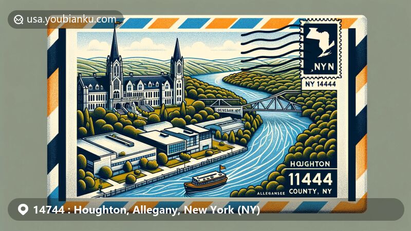 Modern illustration of Houghton College, NY, showcasing airmail envelope design with educational and natural elements, including the Genesee River, postal stamp with 'Houghton, NY 14744', and date stamp.
