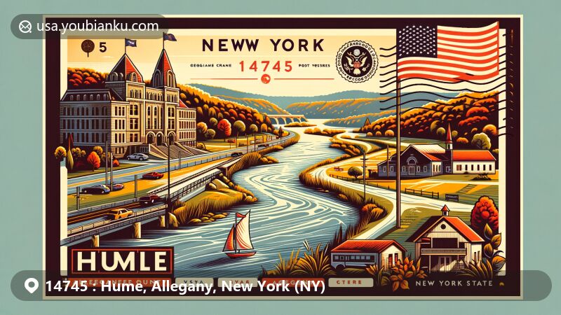Modern illustration of Hume, New York in Allegany County, featuring Genesee River Valley, town museum, state symbols, and postal theme with ZIP code 14745.