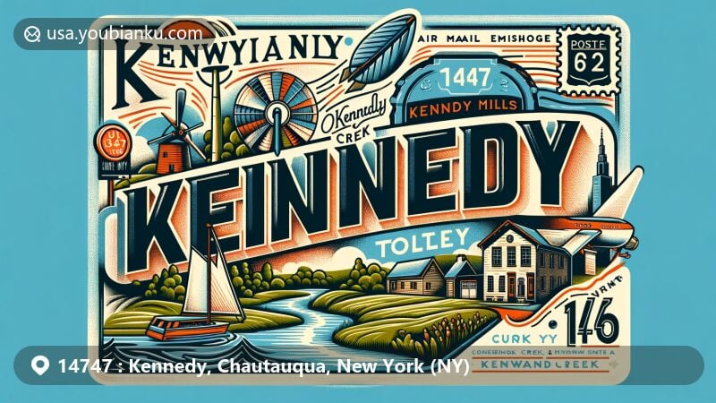 Modern illustration of Kennedy, NY, showcasing Conewango Creek valley, Kennedy Mills, and postal elements like vintage postcard design and air mail envelope, with U.S. Route 62 and NY State Route 394 intersection, presenting natural beauty, history, and postal heritage.