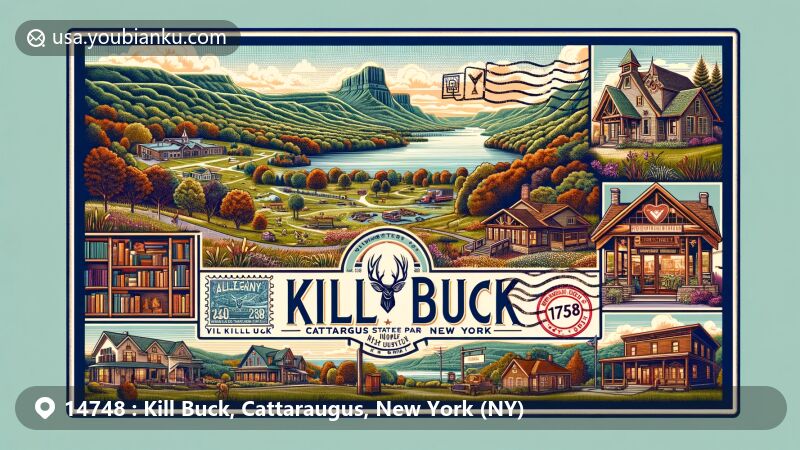 Illustration of Kill Buck, New York, with ZIP code 14748, featuring stunning natural landscapes, a vintage postcard layout, and a postal-themed design.