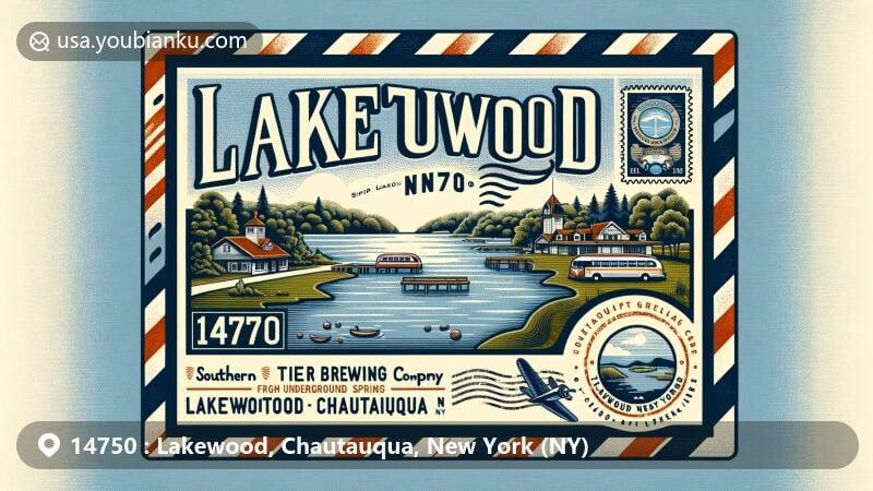 Vintage-style illustration of Lakewood, NY, featuring Chautauqua Lake and natural beauty, with Southern Tier Brewing Company and Lakewood Golf Center, celebrating the community's culture.