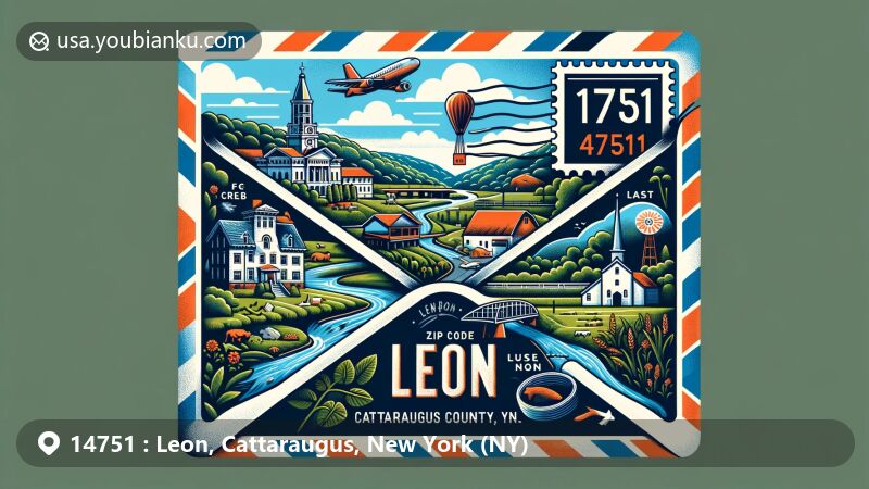 Modern illustration of Leon, Cattaraugus County, New York, featuring a creative airmail envelope design with ZIP code 14751, showcasing the area's ties to Old Order Amish community, Kingdom of Leon in Spain, Conewango Creek, Mud Creek, town's establishment in 1832, and US Route 62.