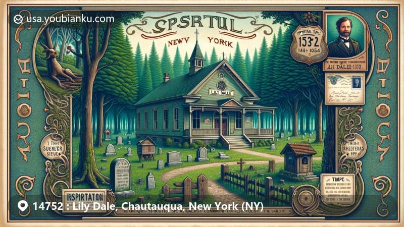 Modern illustration of Lily Dale, Chautauqua County, New York, showcasing spiritualist community with postal theme, featuring Lily Dale Museum and Forest Temple amidst lush greenery.