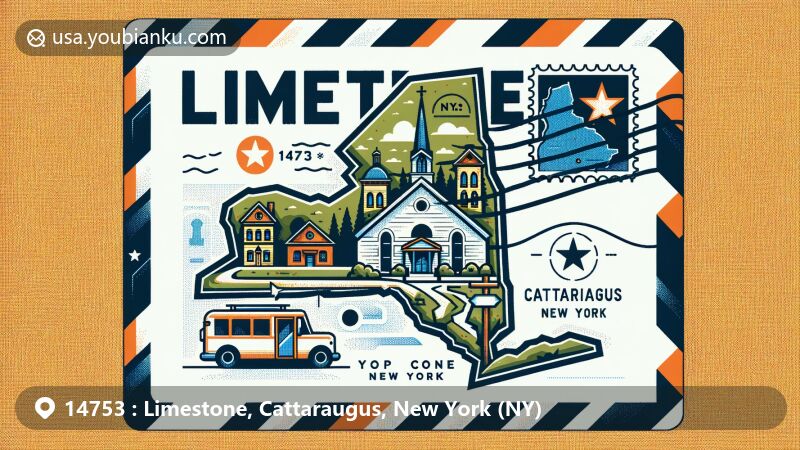 Modern illustration of Limestone, Cattaraugus County, New York, blending geographical location with New York State map silhouette, featuring iconic American small town elements and postal theme with ZIP code 14753.