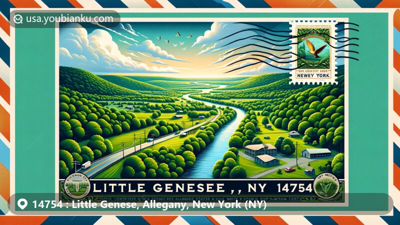 Modern illustration of Little Genesee, Allegany County, New York, featuring lush green landscapes, Little Genesee Creek, and New York State Route 417, creatively integrating postal elements with ZIP code 14754.
