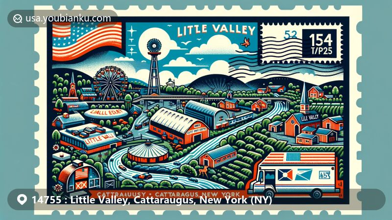 Modern illustration of Little Valley, Cattaraugus County, New York, capturing Cattaraugus County Fairgrounds, scenic Little Valley Creek, and Pat McGee Trail, featuring postal elements like postcard outline, New York State flag stamp, 14755 ZIP code postmark, and mail-themed imagery.