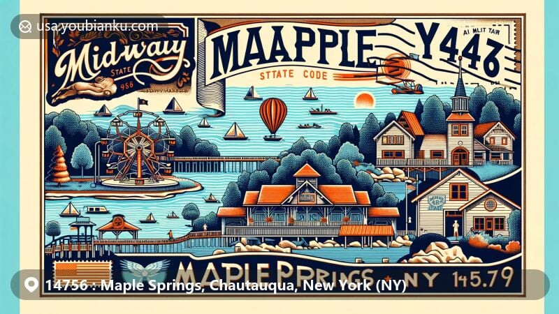 Modern illustration of Maple Springs, New York, highlighting Midway State Park, a historic amusement park with child-friendly rides, a miniature golf course, and a lakeside pavilion, featuring Chautauqua Lake motifs and vintage postcard elements.