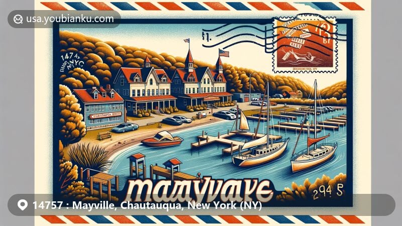 Creative illustration of Mayville, New York, blending local features with a postal theme, showcasing Chautauqua Marina, Mayville Lakeside Park, Big Inlet Brewing, and Chautauqua Gorge State Forest in a vintage air mail envelope.