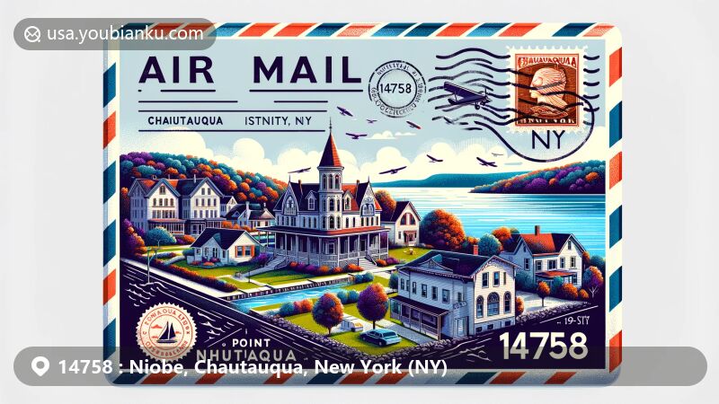 Modern illustration of an air mail envelope representing ZIP code 14758 in Niobe, Chautauqua County, New York, featuring Chautauqua Institution Historic District and Point Chautauqua Historic District with architectural styles like Queen Anne and Carpenter Gothic, along with Chautauqua Lake.