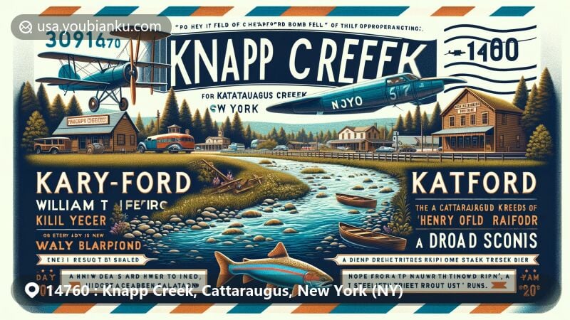 Modern illustration of Knapp Creek, Cattaraugus County, New York, featuring aviation theme honoring William T. Piper and early Bradford Oil Field scene, with postal elements and Cattaraugus Creek natural beauty.