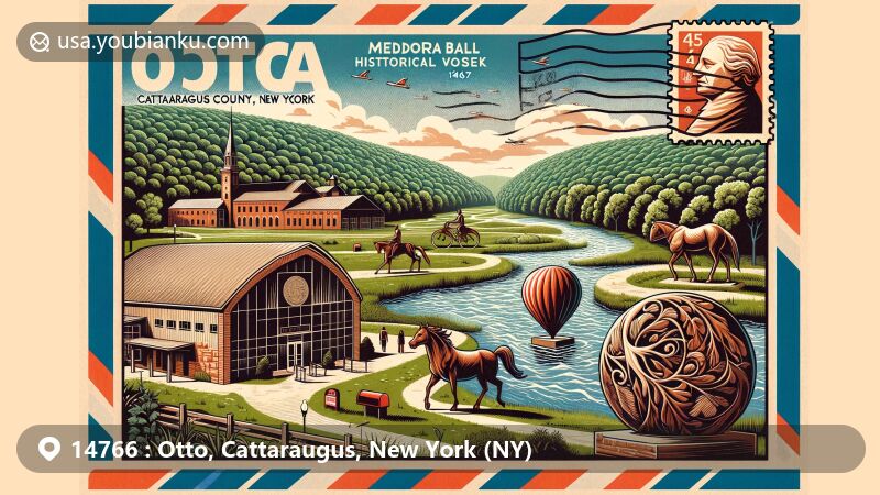 Modern illustration of Otto area in Cattaraugus County, New York, featuring Medora Ball Historical Museum, Zoar Valley, and Griffis Sculpture Park, with Cattaraugus Creek marking the northern boundary and lush greenery typical of Zoar Valley. The design includes postage elements such as New York stamps, '14766 Otto, NY' postmark, and a vintage mailbox integrated into the scene, reflecting the serene and historically rich environment of Otto. The artwork combines natural beauty and cultural landmarks in a welcoming and harmonious way, encapsulating the essence of this picturesque town in New York.