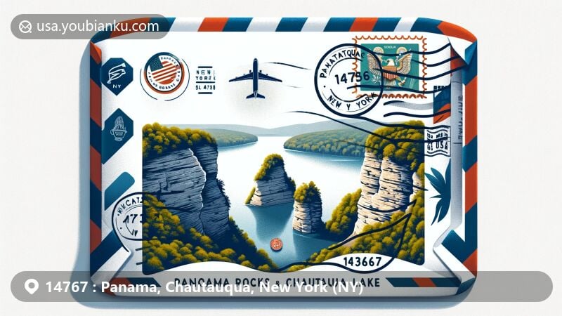 Modern illustration of Panama, Chautauqua County, New York, depicting natural beauty of Panama Rocks Scenic Park and Chautauqua Lake within an air mail envelope design, incorporating postal elements like stamps, postmark, and ZIP code 14767, along with New York state flag elements.