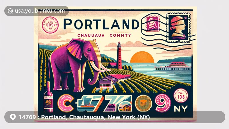 Modern illustration of Portland, Chautauqua County, New York, featuring vintage postcard with postal theme, showcasing Lake Erie, vineyards, and 21 Brix Winery's pink elephant statue.