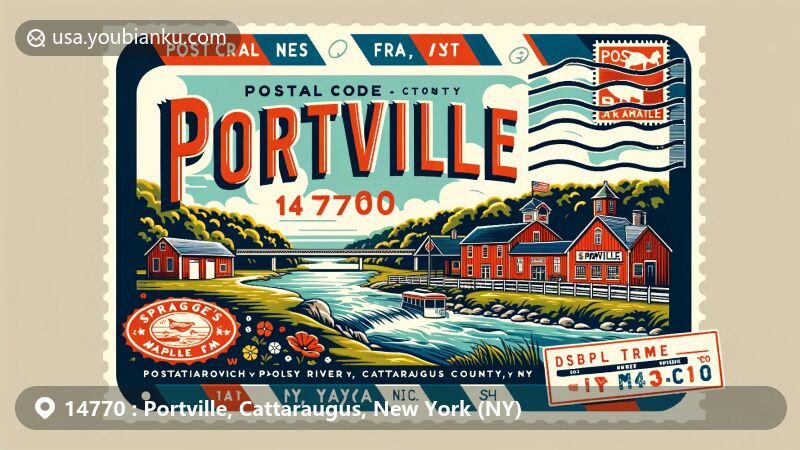 Modern illustration of Portville, Cattaraugus County, New York, presenting postal theme with ZIP code 14770, highlighting Allegheny River and Sprague's Maple Farm.