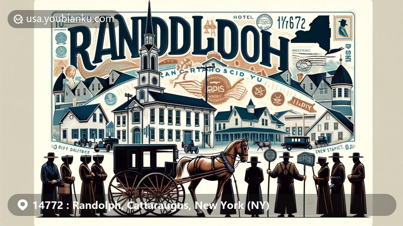 Modern illustration of Randolph Historic District, showcasing Old Order Amish community with horse-drawn buggy and traditional attire, combined with postal theme featuring New York State symbols and ZIP code 14772.