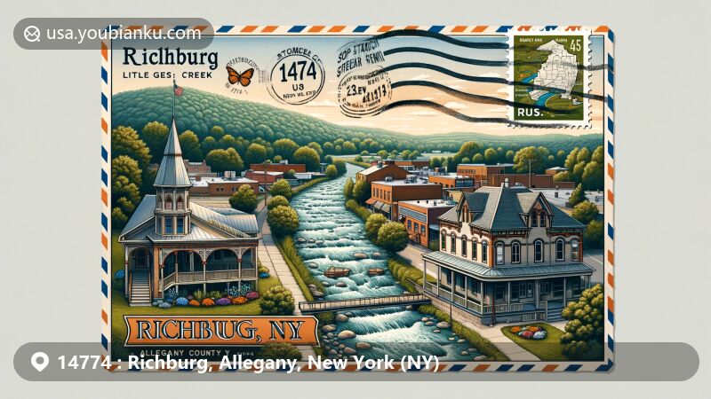 Modern illustration of Richburg, Allegany County, New York, highlighting postal theme with ZIP code 14774, featuring fictional Baum's Opera House and Little Genesee Creek, integrating Allegany County's outline and a stamp with Richburg landmark.