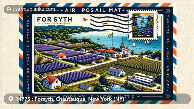 Modern illustration of Forsyth area in Ripley, New York, ZIP code 14775, featuring Concord grape farming heritage and Lake Erie scenery, with Chautauqua Institution stamp on air mail envelope.