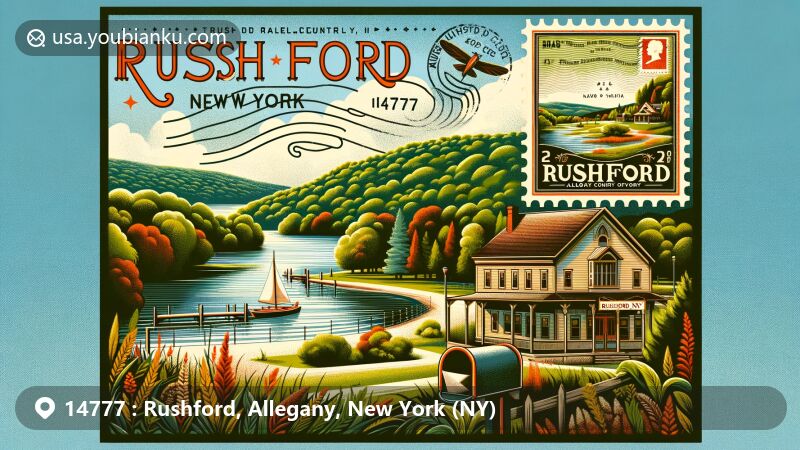 现代插画，展示纽约州Rushford镇的特色元素，包括Rushford Lake和Allegany县的自然风光，带有邮政特色的复古明信片设计。