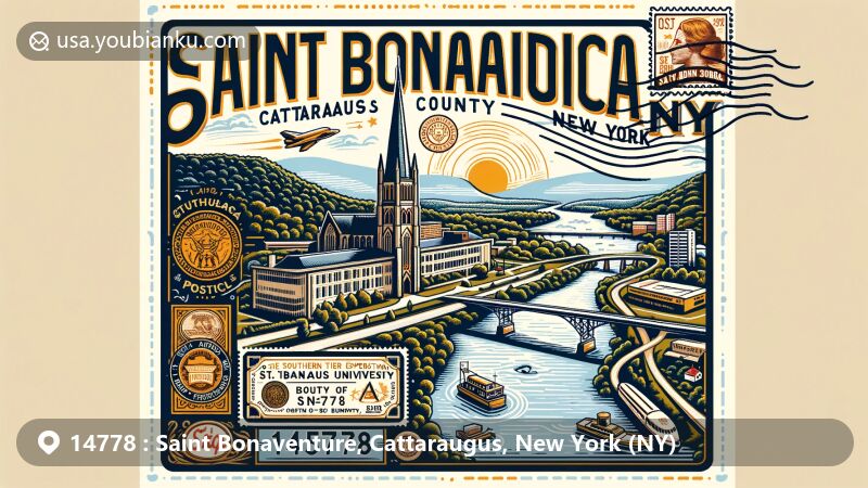 Modern illustration of Saint Bonaventure, Cattaraugus, New York (NY) representing postal theme with ZIP code 14778, featuring St. Bonaventure University, Allegheny River, and Southern Tier Expressway.