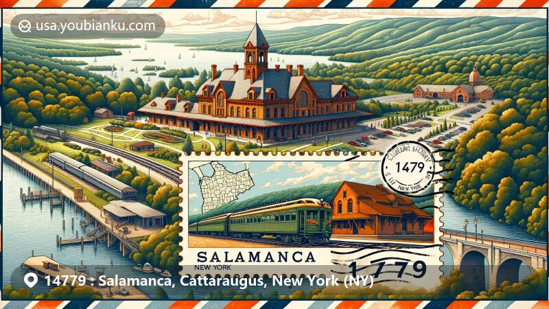 Modern illustration of Salamanca, NY, featuring Allegany State Park's natural beauty and Salamanca Rail Museum's historical significance, blending Seneca Nation elements within the Allegany Indian Reservation backdrop.