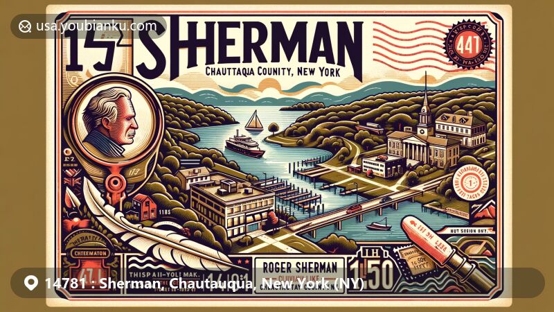 Modern illustration of Sherman, Chautauqua County, New York, featuring Chautauqua Lake, 1,550 feet elevation, and Roger Sherman inspiration. Styled like a vintage air mail envelope with ZIP code 14781, stamps, and symbolic elements of the area.