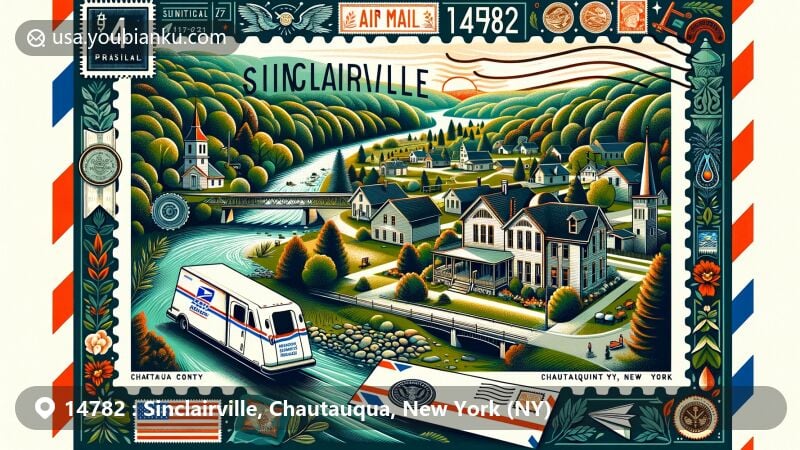 Modern illustration of Sinclairville, Chautauqua County, New York, featuring postal theme with ZIP code 14782, showcasing Mill Creek and village's historical significance.
