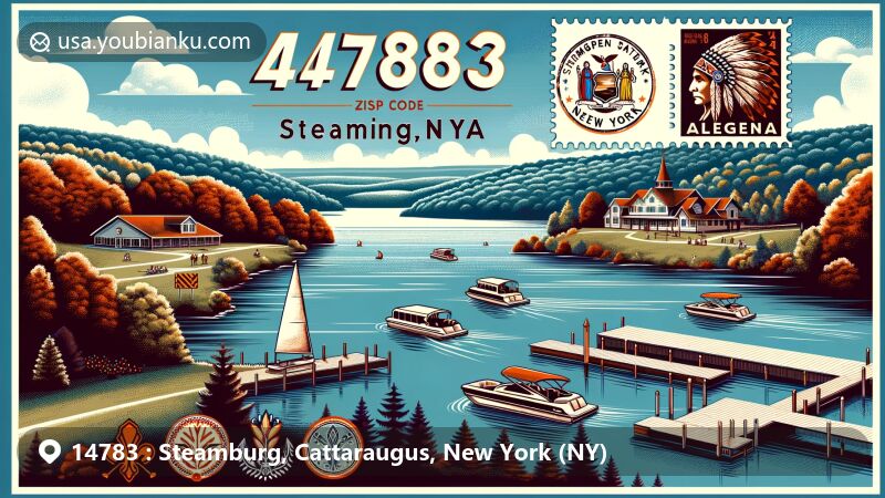 Modern illustration of Steamburg, Cattaraugus County, New York, highlighting Allegany State Park's scenic landscapes, Onoville Marina's tranquil beauty, Seneca Nation's cultural symbols, and outdoor activities, with a postal theme featuring ZIP code 14783 and New York state flag stamp.