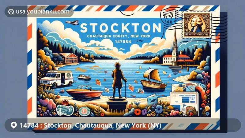 Modern illustration of Stockton, Chautauqua County, New York, showcasing Chautauqua Lake and cultural symbols like Richard Stockton, along with postal theme featuring ZIP code 14784 and mail-related elements.
