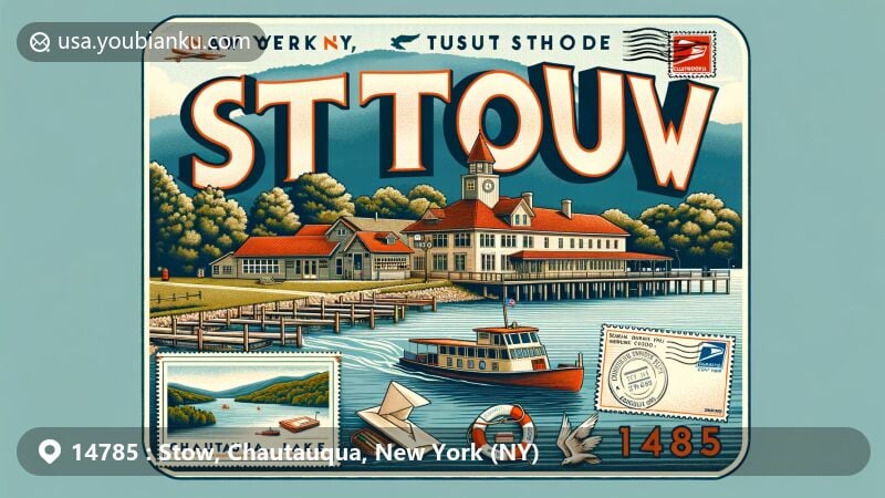 Modern illustration of Stow, New York, capturing the essence of Chautauqua Lake's serene western shore and the ferry linking Stow to Bemus Point. Featuring postal theme with ZIP code 14785 post office, Chautauqua Lake stamp, and Stow vintage air mail envelope, symbolizing harmony between natural beauty and postal service.