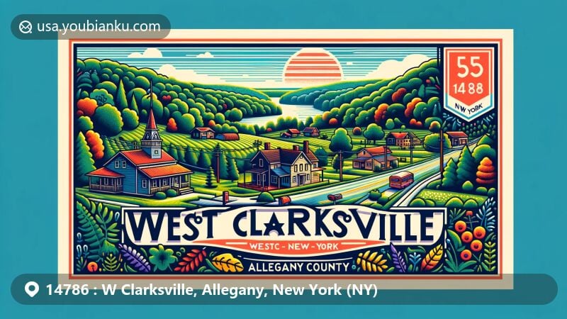 Modern illustration of West Clarksville, Allegany County, New York, showcasing rolling hills, dense forests, and a classic American post office along New York State Route 305, with elements of New York State's identity.