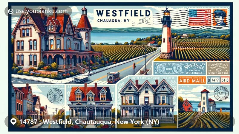 Modern illustration of Westfield, Chautauqua County, New York, depicting East Main Street Historic District with Italianate architecture, featuring Candlelight Lodge and Barcelona Lighthouse overlooking Lake Erie. The design includes a scenic backdrop of vineyards as part of the Concord Grape Belt, along with postal elements like a vintage postage stamp with ZIP code 14787, Westfield, NY postmark, and air mail envelope border.
