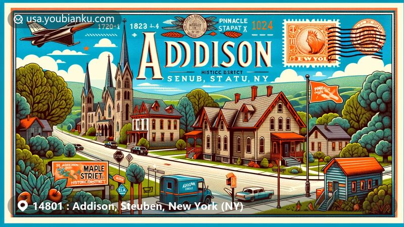 Modern illustration of Addison, New York, showcasing Maple Street Historic District, Pinnacle State Park, and postal elements with ZIP code 14801, incorporating local landmarks like Little Joe Tower and heritage celebrations.