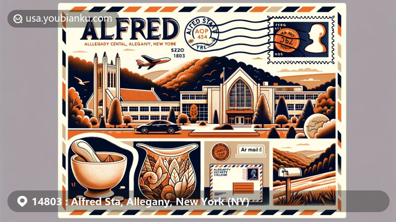 Modern illustration of Alfred Sta, Allegany County, New York, emphasizing Alfred University's ceramics program and educational importance, incorporating natural beauty of Allegheny Plateau and postal elements like stamp, postmark, ZIP code 14803.