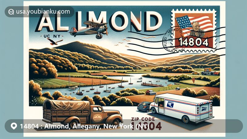 Modern illustration of Almond, NY, showcasing rural landscapes and outdoor activities, integrated with postal elements like vintage postcard design featuring ZIP code 14804 and New York State symbols.